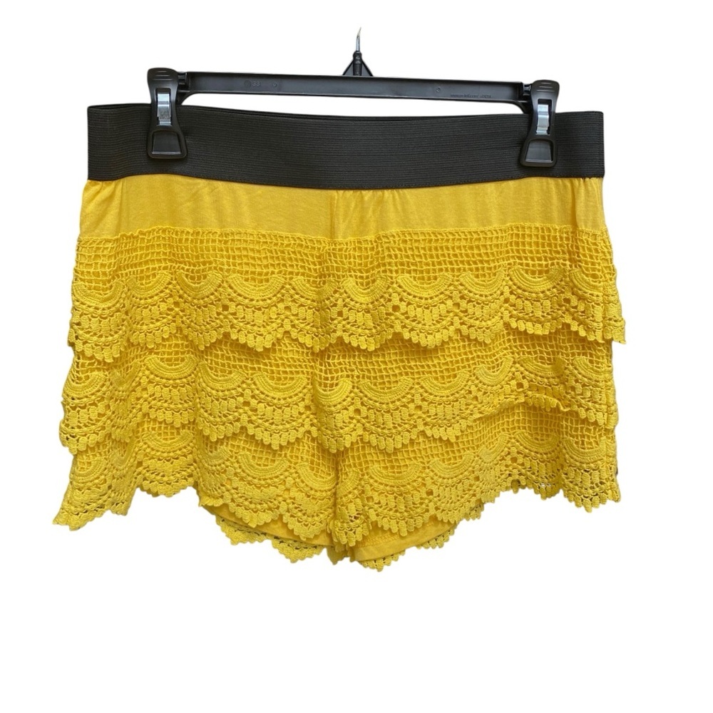 Umgee Bright Yellow Ruffle Lace Shorts Elastic Waistband Womens Size Large Boho